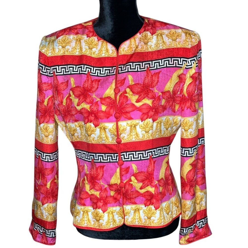 Vintage 100% Silk Floral Patterned Button Up Light Soft Jacket Vibrant Pink Gold